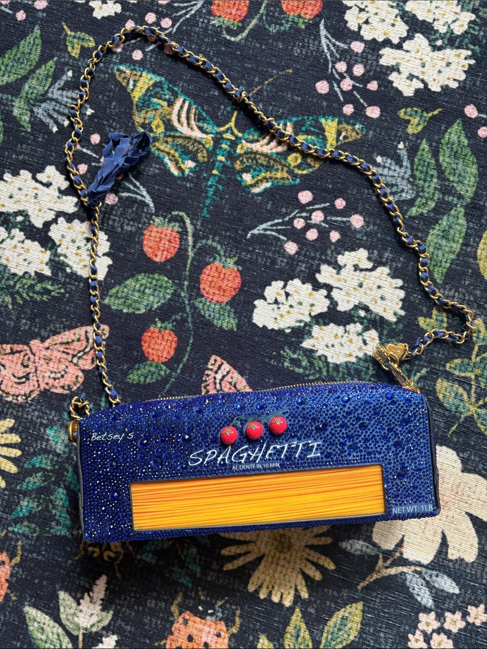 Betsey Johnson Blue Novelty 'Spaghetti' Crossbody Bag with Red Accents